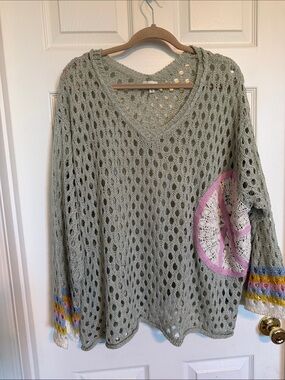 POL Open-Knit V-Neck Sweater in Sage with Pink Peace Motif and Multicolor Cuffs